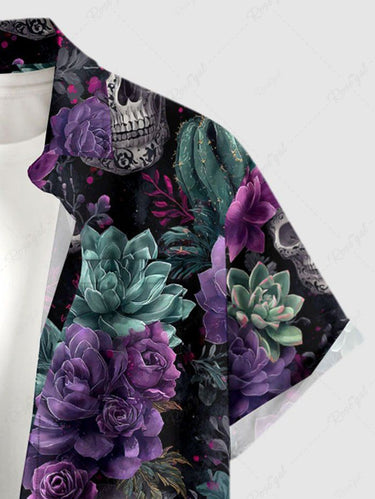 Gothic Plus Size Skulls Succulent Plant Flower Print Button Pocket Shirt For Men