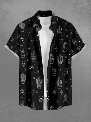 Gothic Plus Size Cactus Cross Print Button Pocket Shirt For Men