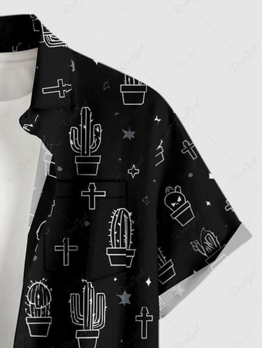 Gothic Plus Size Cactus Cross Print Button Pocket Shirt For Men