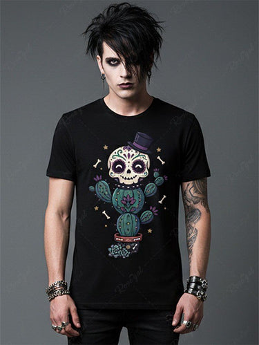 Gothic Plus Size Skull Cactus Print T-shirt For Men