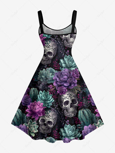 Gothic Plus Size Skulls Succulent Plant Flower Print A Line Dress