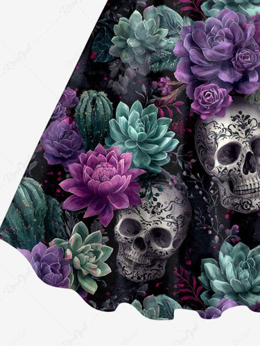 Gothic Plus Size Skulls Succulent Plant Flower Print A Line Dress