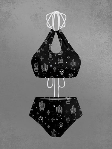 Gothic Cactus Cross Print Hollow Out Halter Backless Tankini Swimsuit