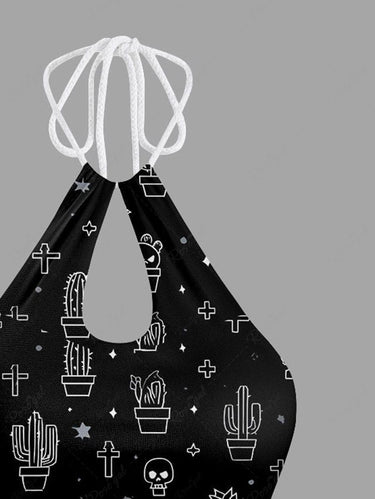 Gothic Cactus Cross Print Hollow Out Halter Backless Tankini Swimsuit