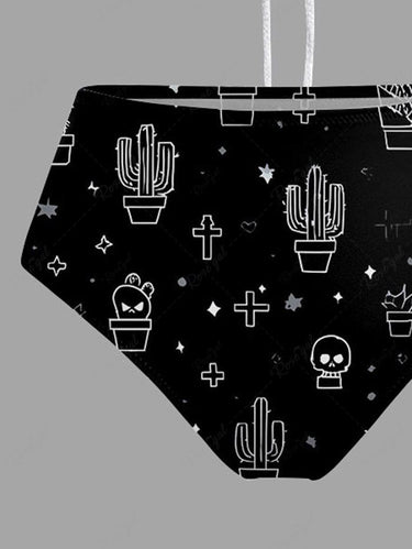 Gothic Cactus Cross Print Hollow Out Halter Backless Tankini Swimsuit