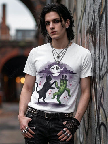 Gothic Plus Size Cat Skull Cactus Bat Moon Cloud Print T-shirt For Men