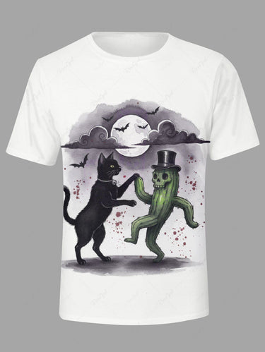 Gothic Plus Size Cat Skull Cactus Bat Moon Cloud Print T-shirt For Men