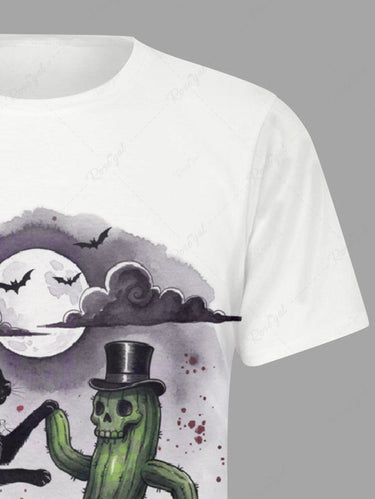 Gothic Plus Size Cat Skull Cactus Bat Moon Cloud Print T-shirt For Men