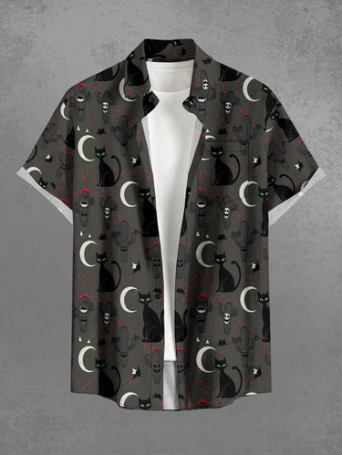 Gothic Plus Size Cat Moon Skull Cactus Bat Print Button Pocket Shirt For Men