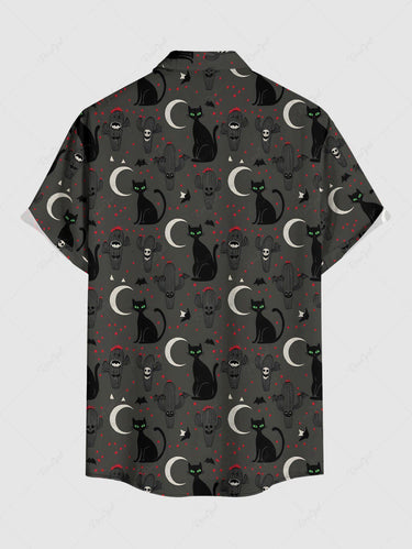 Gothic Plus Size Cat Moon Skull Cactus Bat Print Button Pocket Shirt For Men