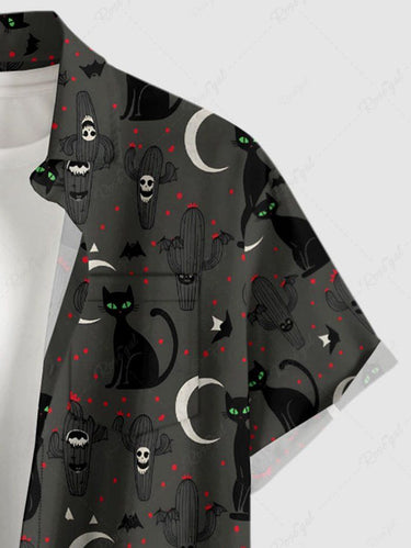 Gothic Plus Size Cat Moon Skull Cactus Bat Print Button Pocket Shirt For Men