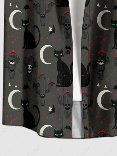 Gothic Plus Size Cat Moon Skull Cactus Bat Print Button Pocket Shirt For Men