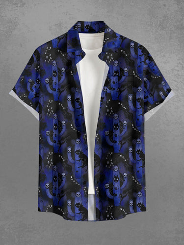 Gothic Plus Size Cat Ombre Skull Cactus Print Button Pocket Shirt For Men