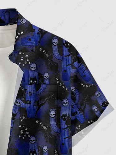 Gothic Plus Size Cat Ombre Skull Cactus Print Button Pocket Shirt For Men