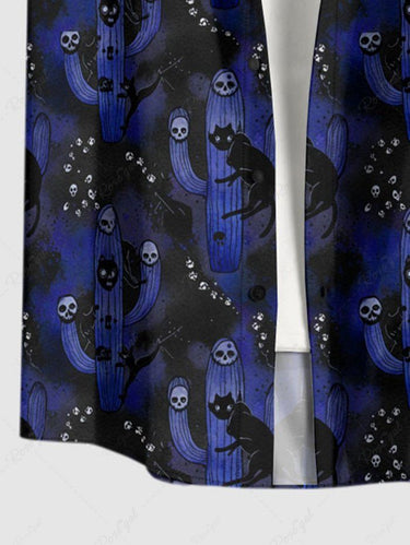Gothic Plus Size Cat Ombre Skull Cactus Print Button Pocket Shirt For Men