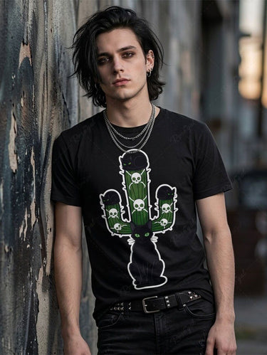 Gothic Plus Size Cat Skull Cactus Print T-shirt For Men