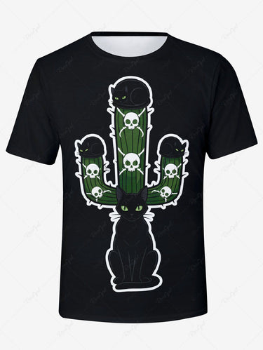 Gothic Plus Size Cat Skull Cactus Print T-shirt For Men