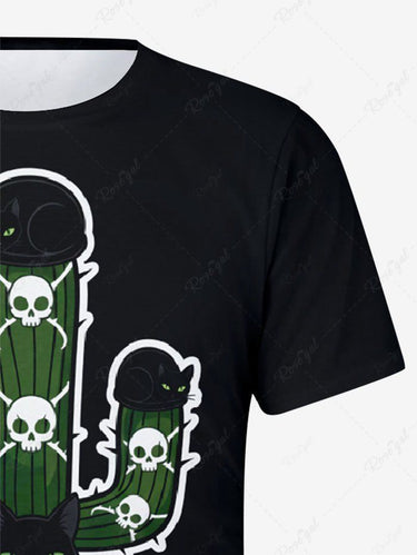 Gothic Plus Size Cat Skull Cactus Print T-shirt For Men