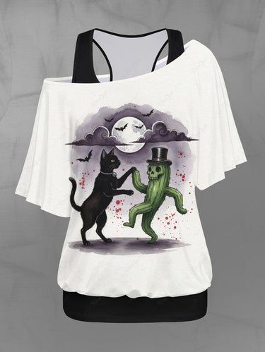Gothic Plus Size Solid Racerback Tank Top and Cat Skull Cactus Bat Moon Cloud Print T-shirt Set
