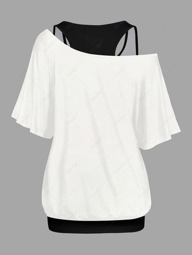 Gothic Plus Size Solid Racerback Tank Top and Cat Skull Cactus Bat Moon Cloud Print T-shirt Set