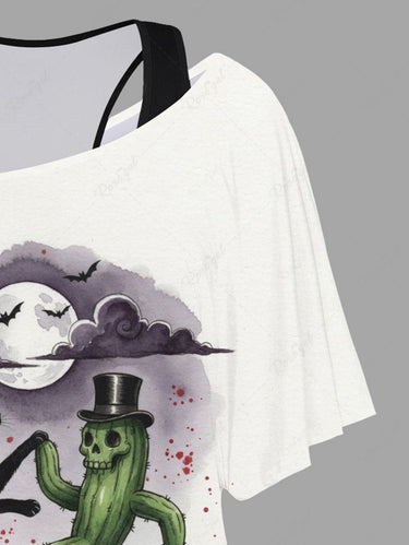 Gothic Plus Size Solid Racerback Tank Top and Cat Skull Cactus Bat Moon Cloud Print T-shirt Set
