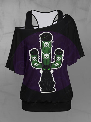 Gothic Plus Size Cat Skull Cactus Print Tank Top and T-shirt Two Piece Set