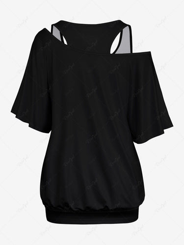 Gothic Plus Size Cat Skull Cactus Print Tank Top and T-shirt Two Piece Set