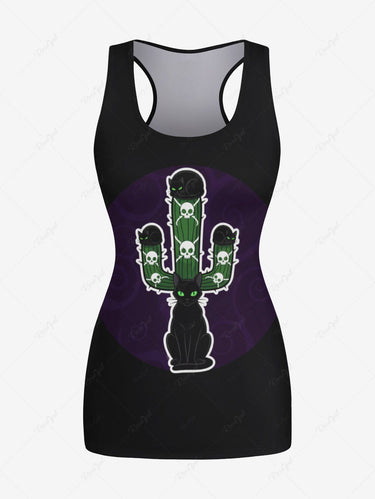Gothic Plus Size Cat Skull Cactus Print Tank Top and T-shirt Two Piece Set