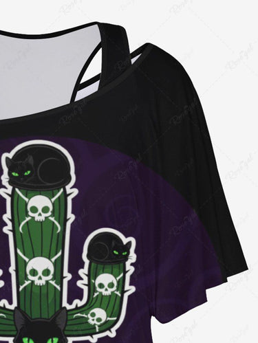 Gothic Plus Size Cat Skull Cactus Print Tank Top and T-shirt Two Piece Set