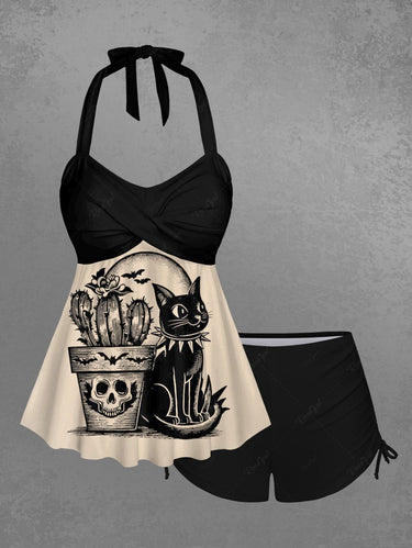 Gothic Skull Cat Bat Moon Cactus Print Twist Halter Backless Cinched Boyleg Tankini Swimsuit