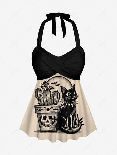 Gothic Skull Cat Bat Moon Cactus Print Twist Halter Backless Cinched Boyleg Tankini Swimsuit