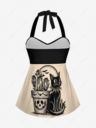 Gothic Skull Cat Bat Moon Cactus Print Twist Halter Backless Cinched Boyleg Tankini Swimsuit
