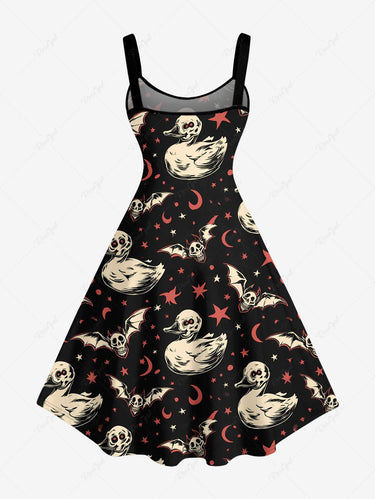 Gothic Plus Size Skull Duck Bat Moon Star Print A Line Dress