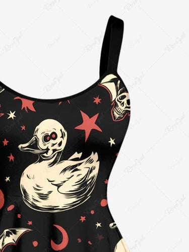 Gothic Plus Size Skull Duck Bat Moon Star Print A Line Dress