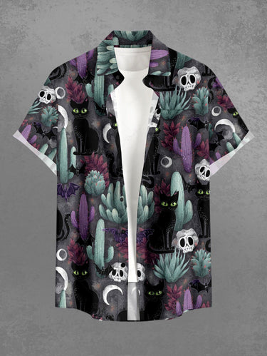 Gothic Plus Size Skull Cat Bat Moon Cactus Print Button Pocket Shirt For Men