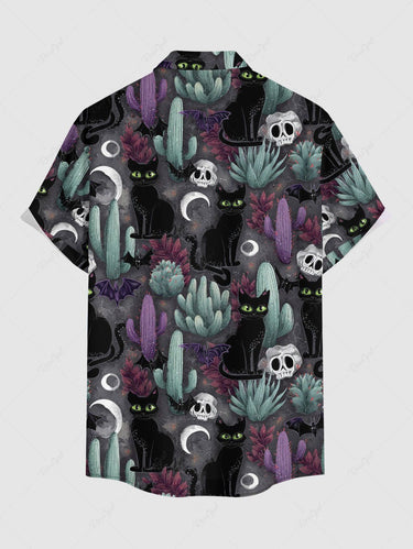 Gothic Plus Size Skull Cat Bat Moon Cactus Print Button Pocket Shirt For Men