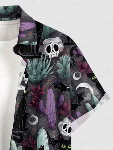 Gothic Plus Size Skull Cat Bat Moon Cactus Print Button Pocket Shirt For Men