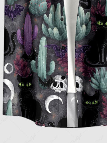 Gothic Plus Size Skull Cat Bat Moon Cactus Print Button Pocket Shirt For Men