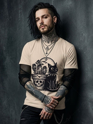 Gothic Plus Size Skull Cat Bat Moon Cactus Print T-shirt For Men