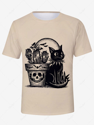 Gothic Plus Size Skull Cat Bat Moon Cactus Print T-shirt For Men