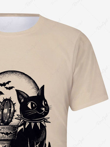 Gothic Plus Size Skull Cat Bat Moon Cactus Print T-shirt For Men