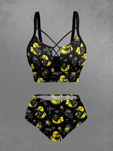 Gothic Skull Duck Cross Bat Print Lace Up Tankini Swimsuit (Adjustable Shoulder Strap)