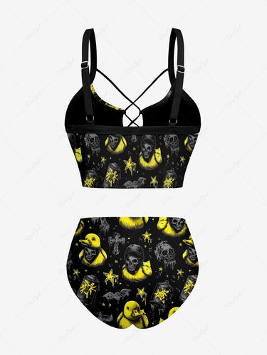 Gothic Skull Duck Cross Bat Print Lace Up Tankini Swimsuit (Adjustable Shoulder Strap)