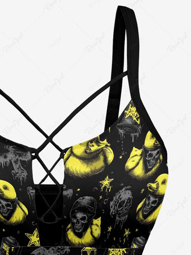Gothic Skull Duck Cross Bat Print Lace Up Tankini Swimsuit (Adjustable Shoulder Strap)