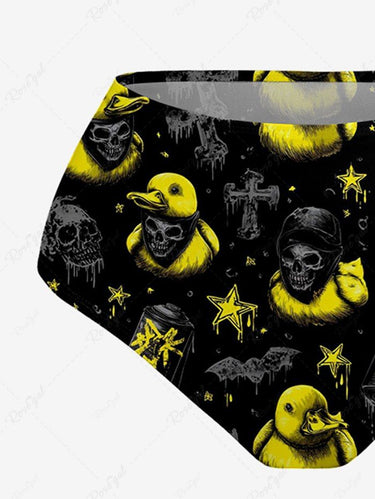 Gothic Skull Duck Cross Bat Print Lace Up Tankini Swimsuit (Adjustable Shoulder Strap)