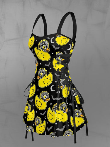 Gothic Duck Moon Star Bat Print Lace Up A Line Dress