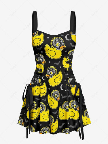 Gothic Duck Moon Star Bat Print Lace Up A Line Dress