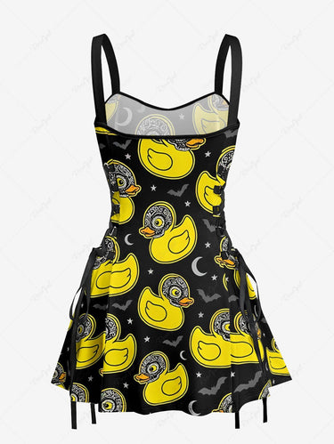 Gothic Duck Moon Star Bat Print Lace Up A Line Dress