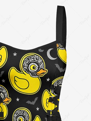 Gothic Duck Moon Star Bat Print Lace Up A Line Dress