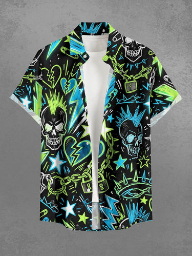 Gothic Plus Size Skull Heart Chain Lightning Print Button Pocket Shirt For Men